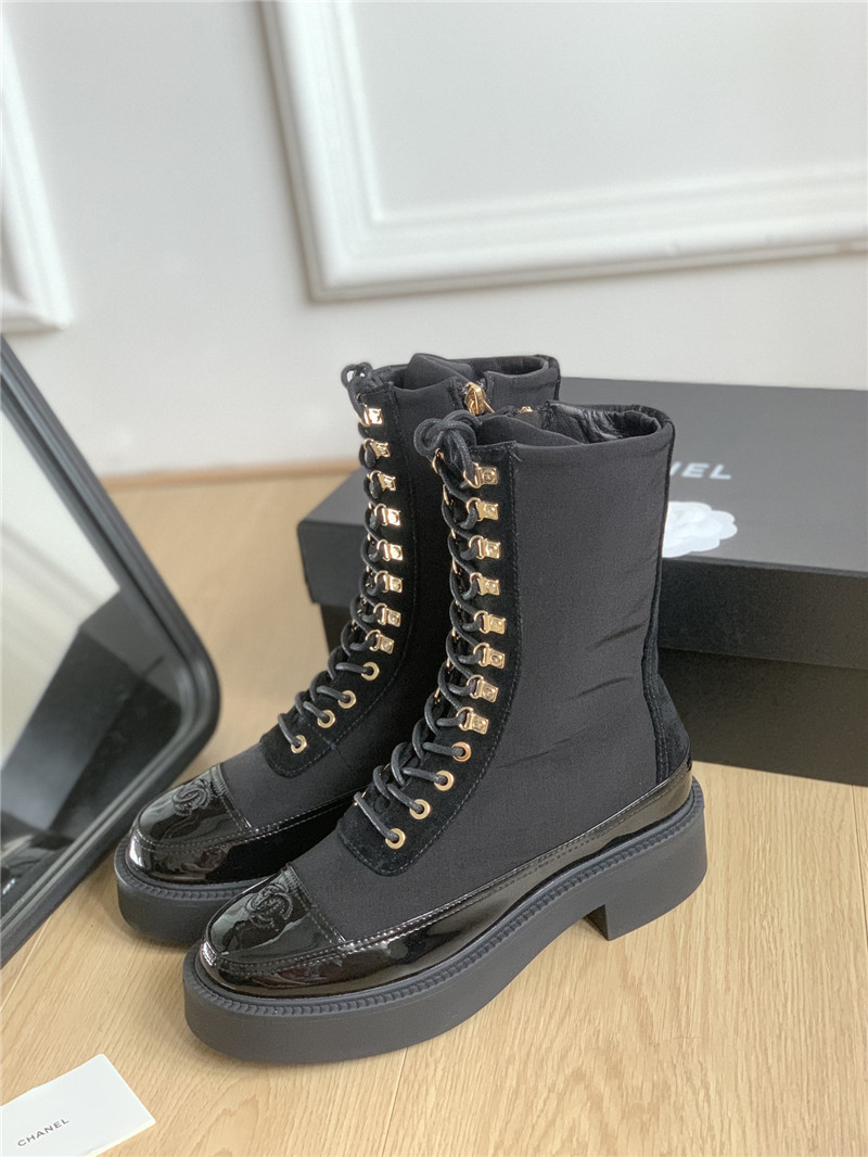 Ch**el nylon suede patent calfskin lace-up boots