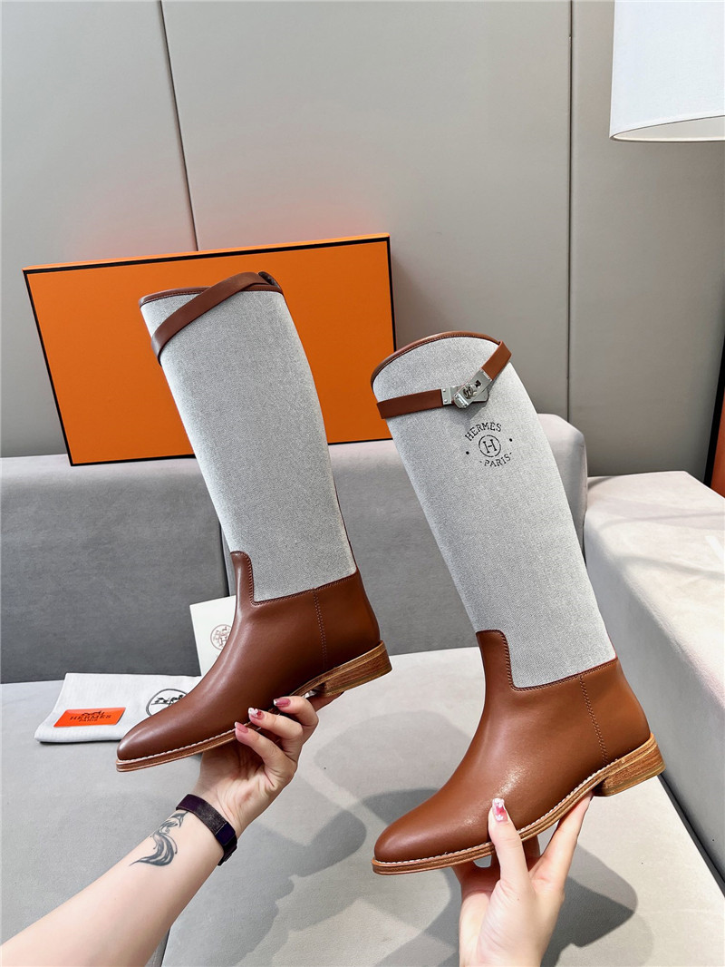 H**me5 canvas gray-brown jumping knee-high boots