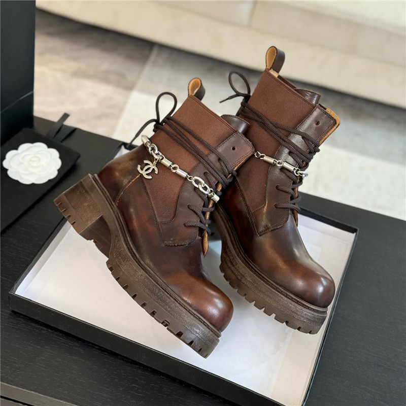 Ch**el brown calfskin chain lace-up boots