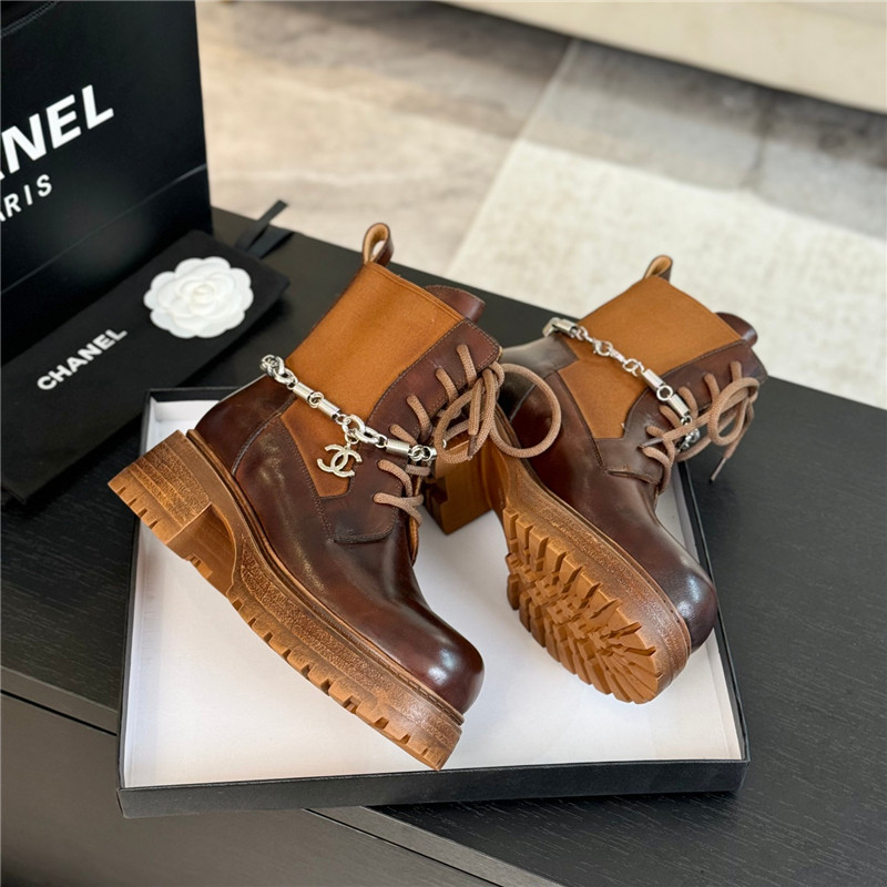 Ch**el calfskin chain lace-up platform boots