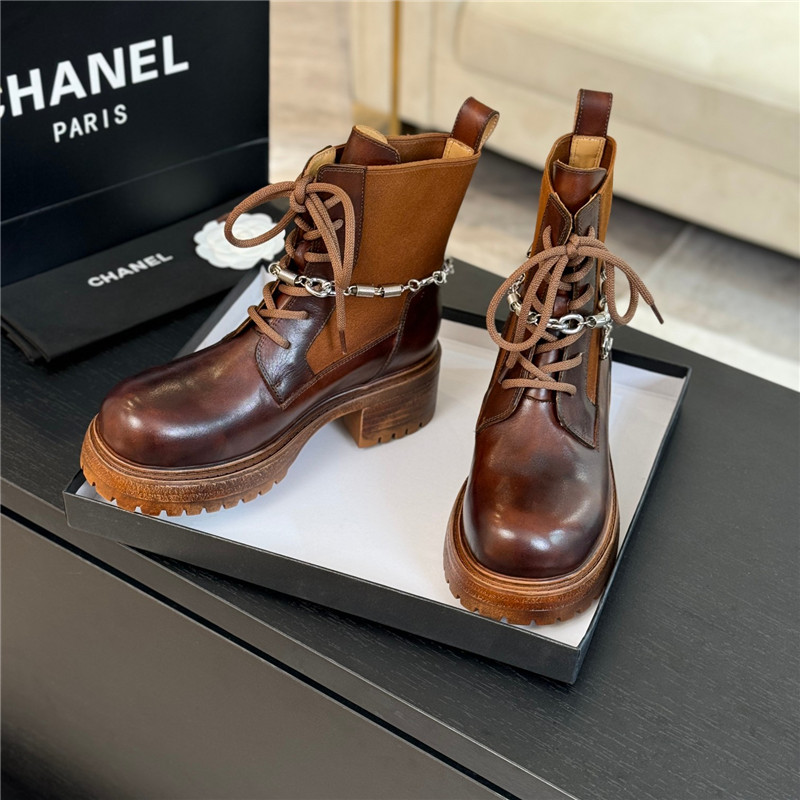 Ch**el calfskin chain lace-up platform boots