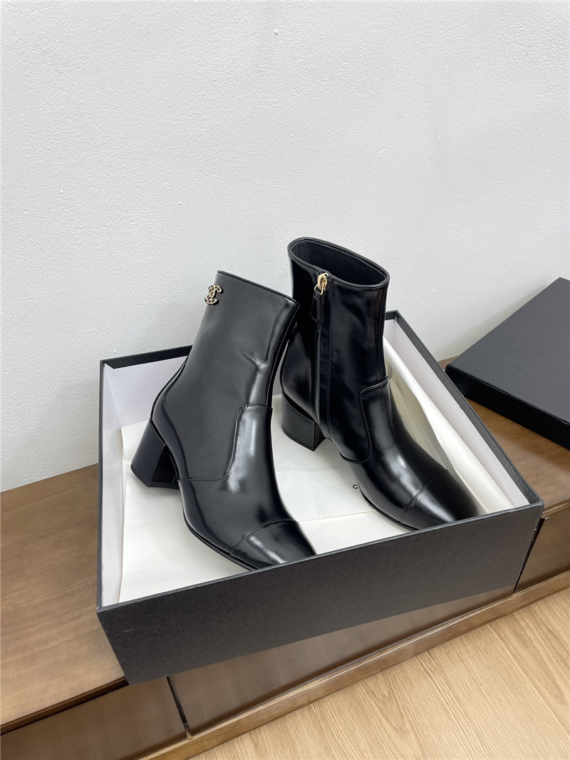 Ch**el black calfskin block heel round toe ankle boots