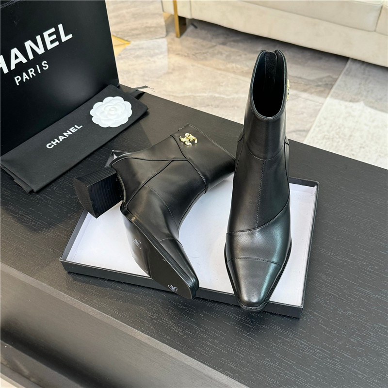 Ch**el black calfskin block heel ankle boots