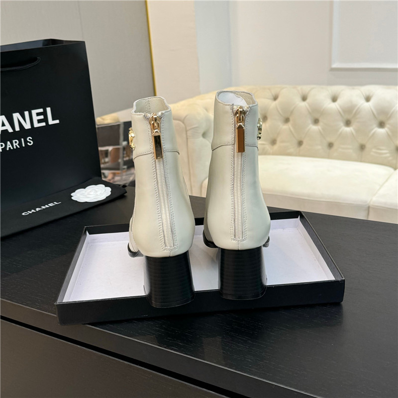 Ch**el block heel pointed toe calfskin ankle boots