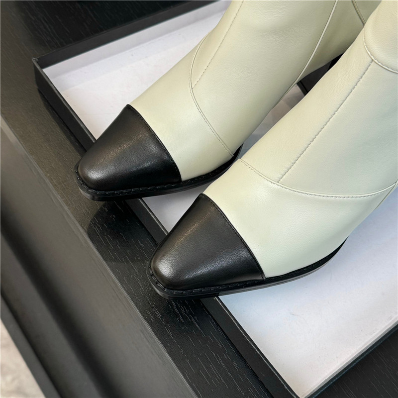 Ch**el block heel pointed toe calfskin ankle boots