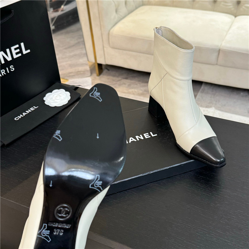 Ch**el block heel pointed toe calfskin ankle boots