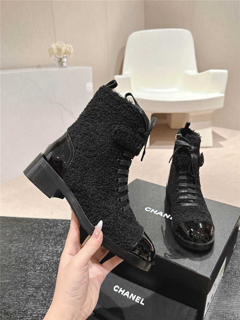 Ch**el patent leather black wool lace-up boot