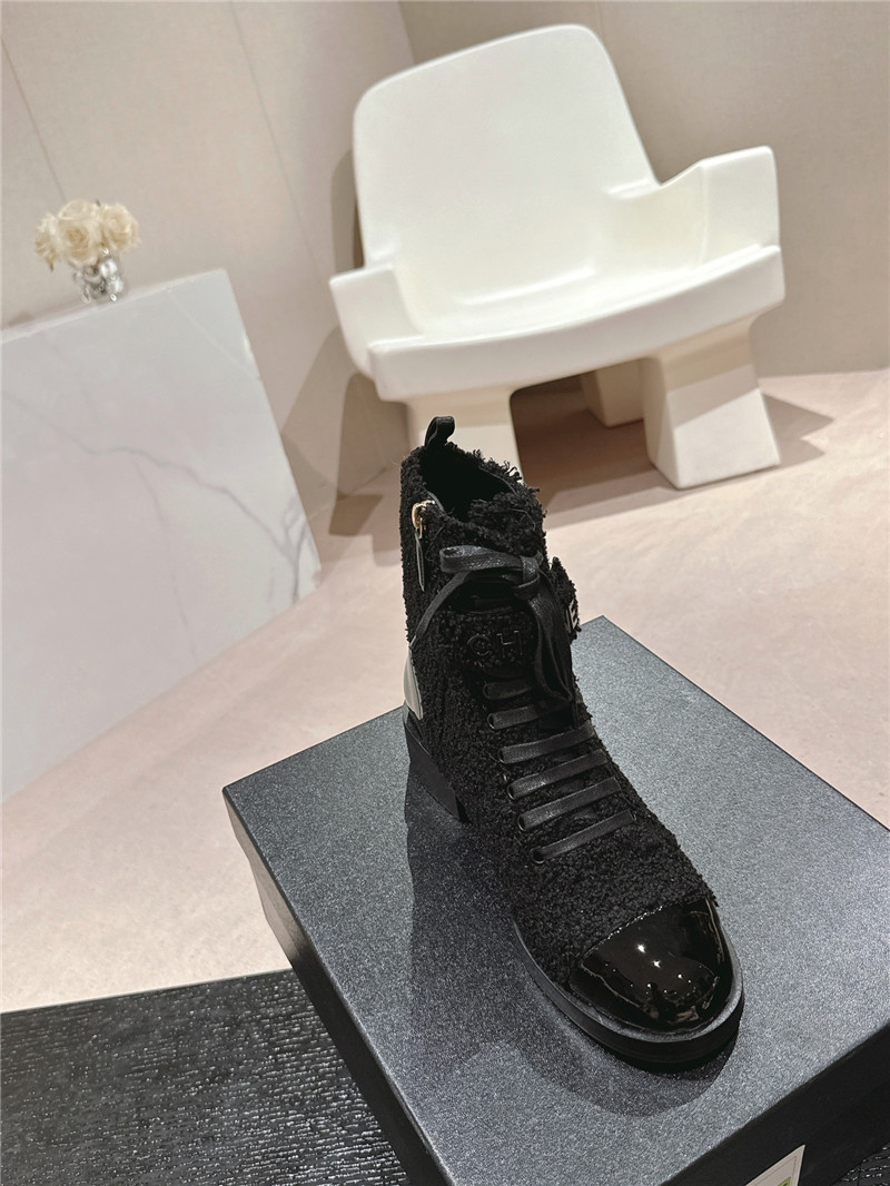 Ch**el patent leather black wool lace-up boot