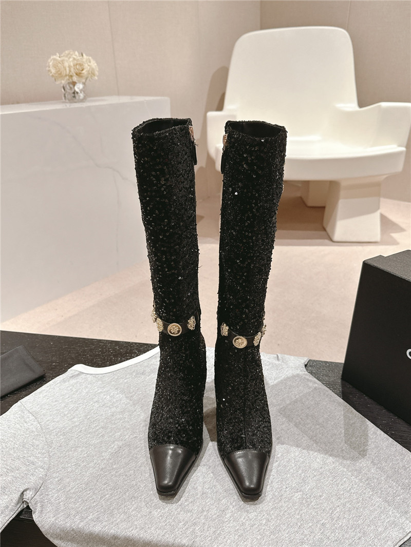 Ch**el sequin calfskin over-the-knee heel boots