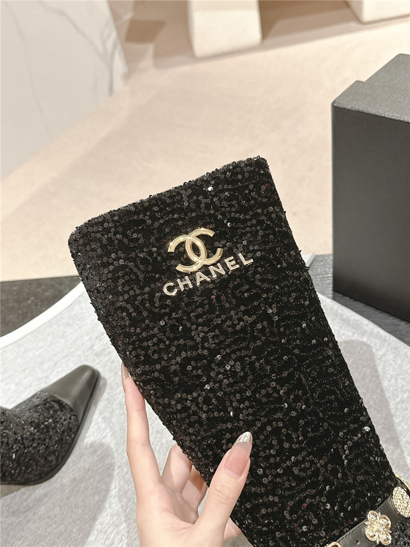 Ch**el sequin calfskin over-the-knee heel boots