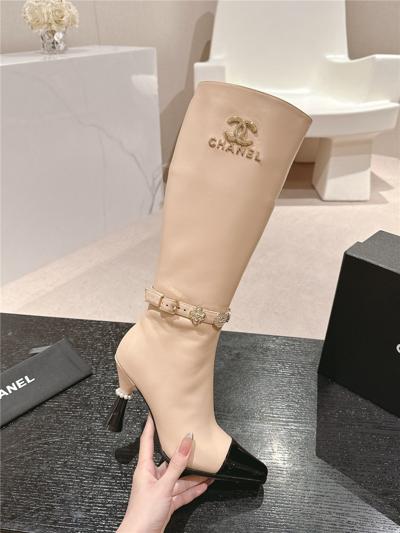 Ch**el beige calfskin over-the-knee heel boots