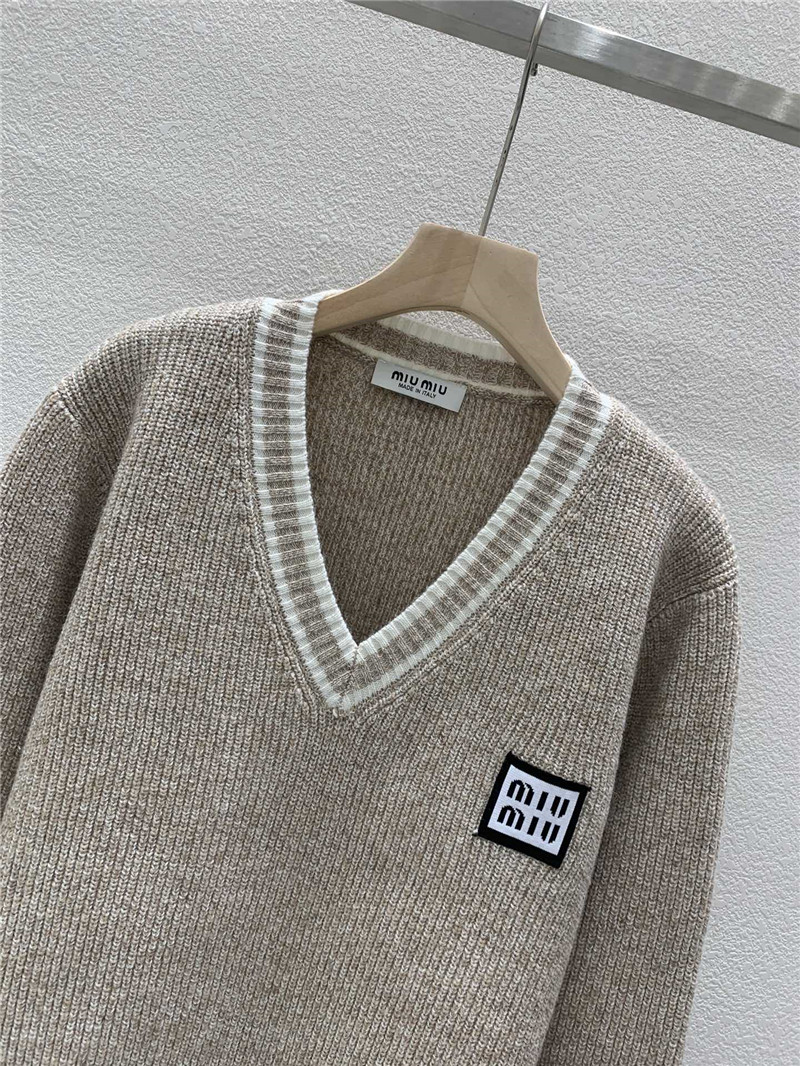 Miu Miu Trim V-Neck Rib Knit Sweater Taupe