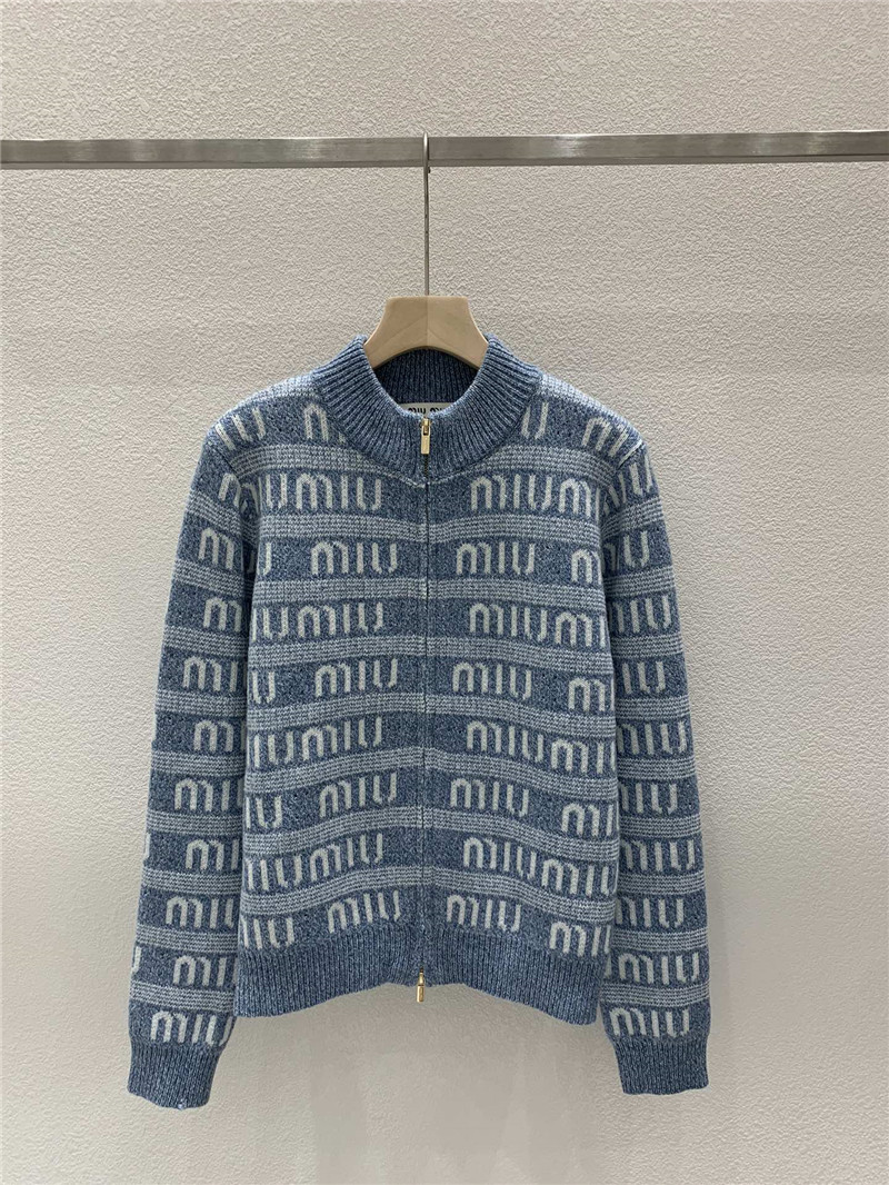 Miu Miu Logo-Intarsia Zip-Up Cardigan in Blue