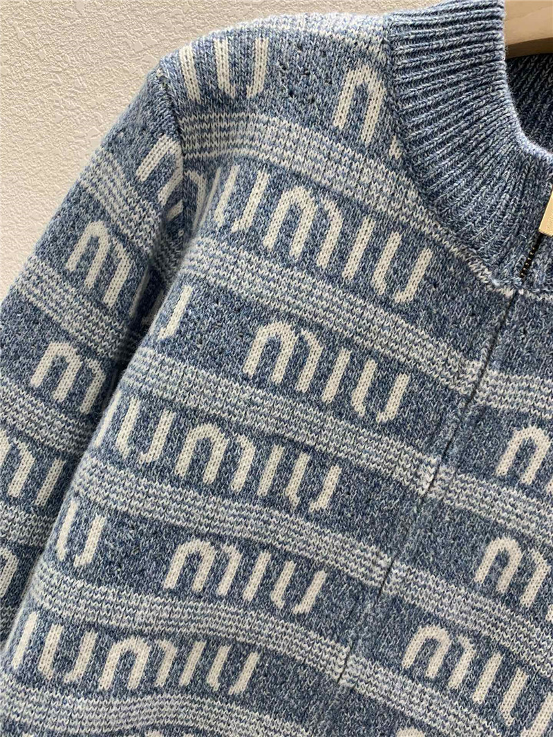 Miu Miu Logo-Intarsia Zip-Up Cardigan in Blue