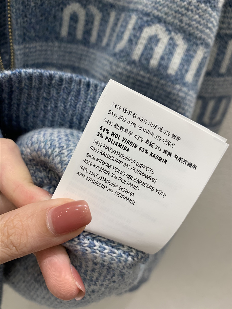 Miu Miu Logo-Intarsia Zip-Up Cardigan in Blue