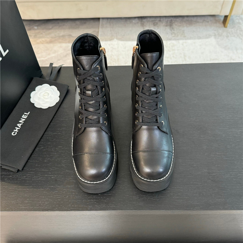 Ch**el black lambskin quilted lace-up wedge ankle boots