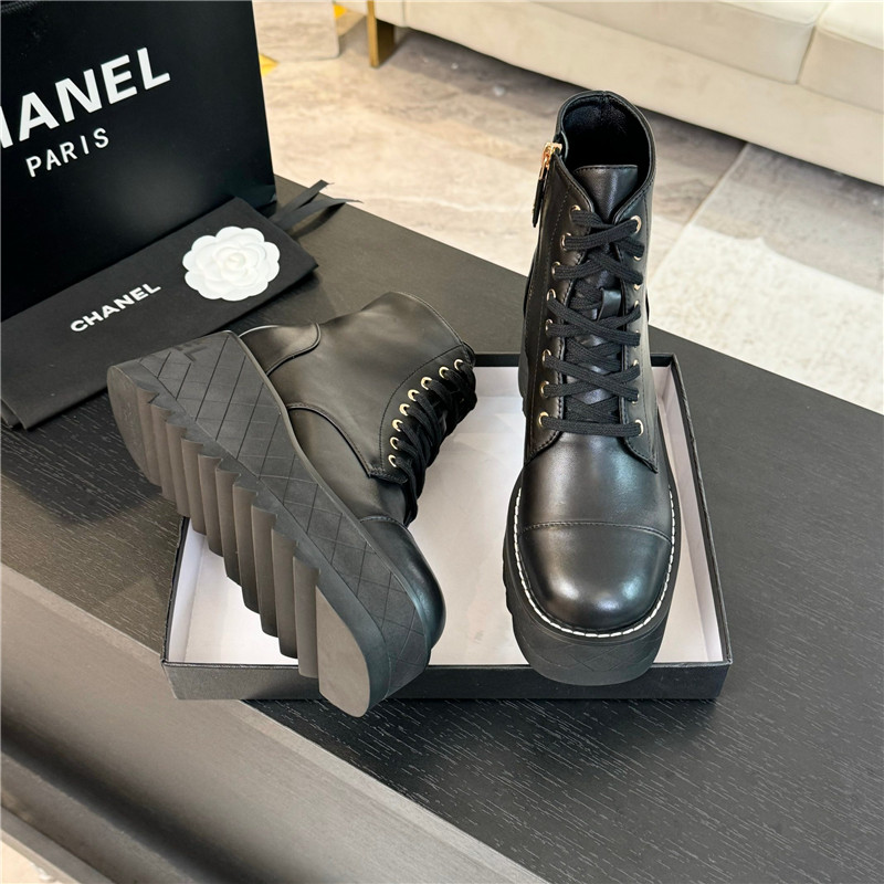 Ch**el black lambskin quilted lace-up wedge ankle boots