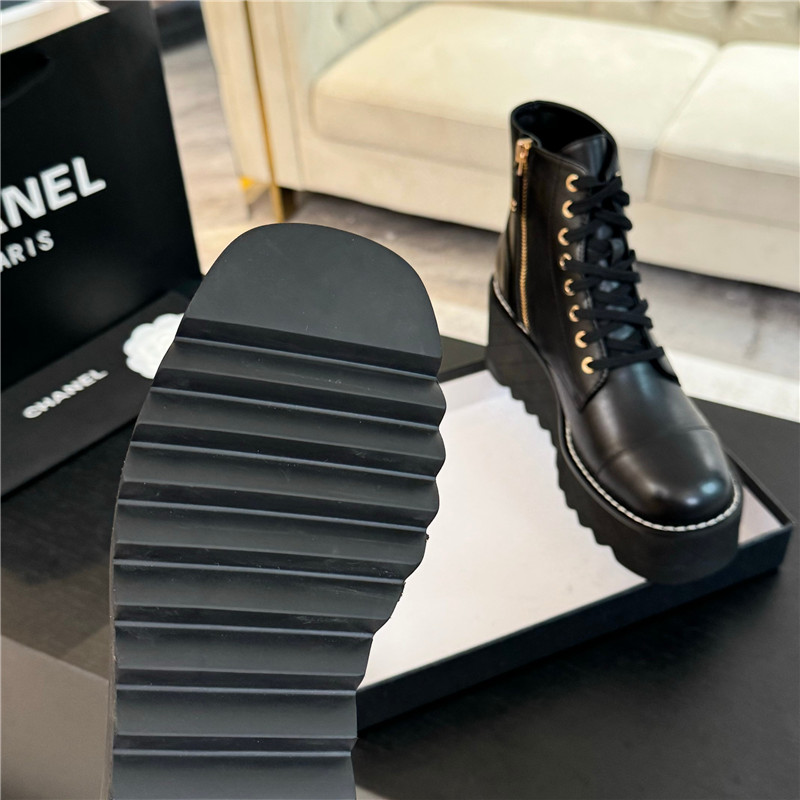 Ch**el black lambskin quilted lace-up wedge ankle boots