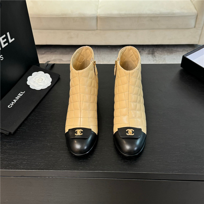 Ch**el beige quilted pattern lambskin ankle boots