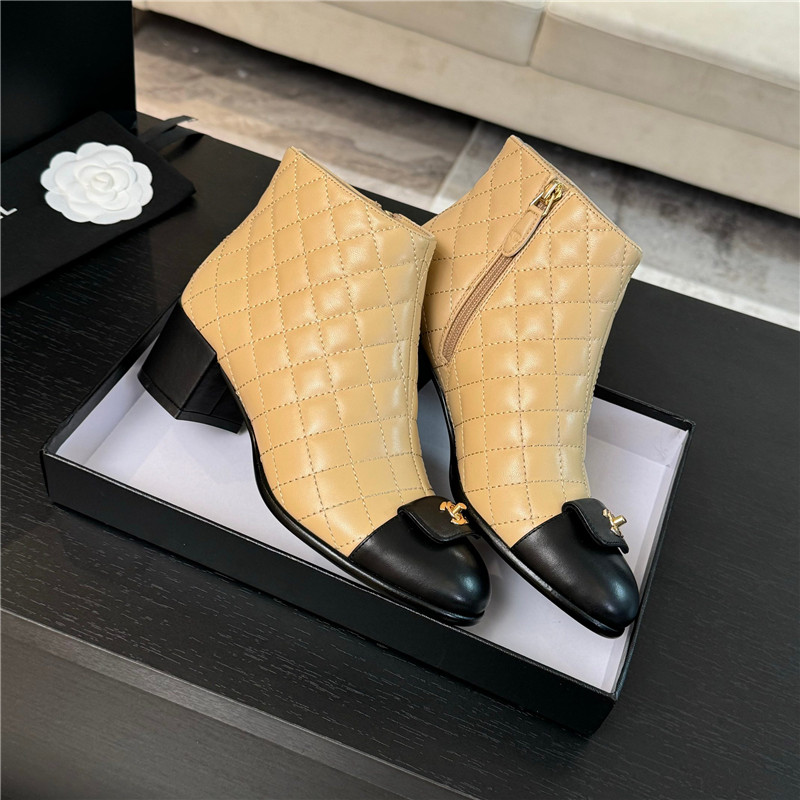 Ch**el beige quilted pattern lambskin ankle boots