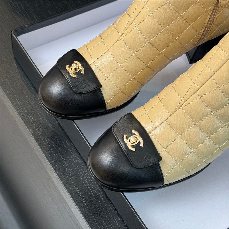 Ch**el beige quilted pattern lambskin ankle boots