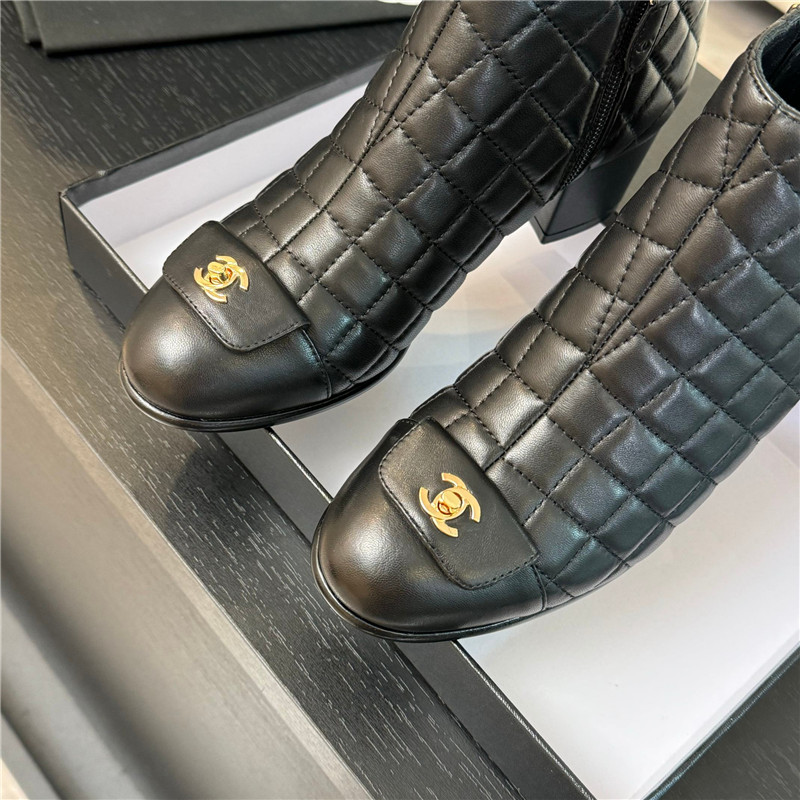 Ch**el black quilted pattern lambskin ankle boots