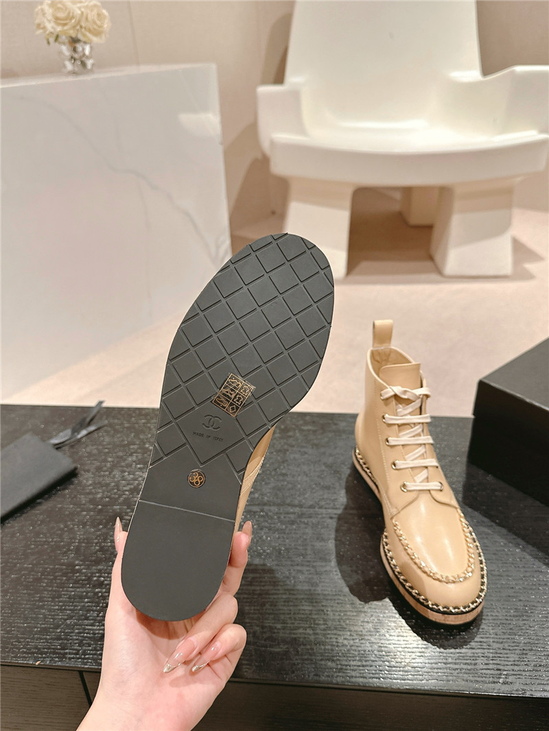 Ch**el lace-up calfskin flat ankle boots in beige