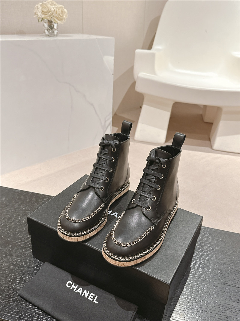 Ch**el lace-up calfskin flat ankle boots