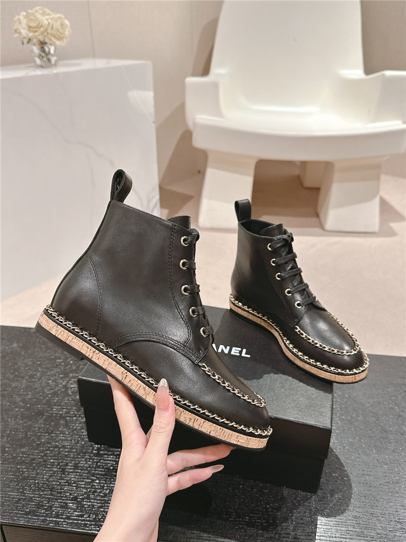 Ch**el lace-up calfskin flat ankle boots