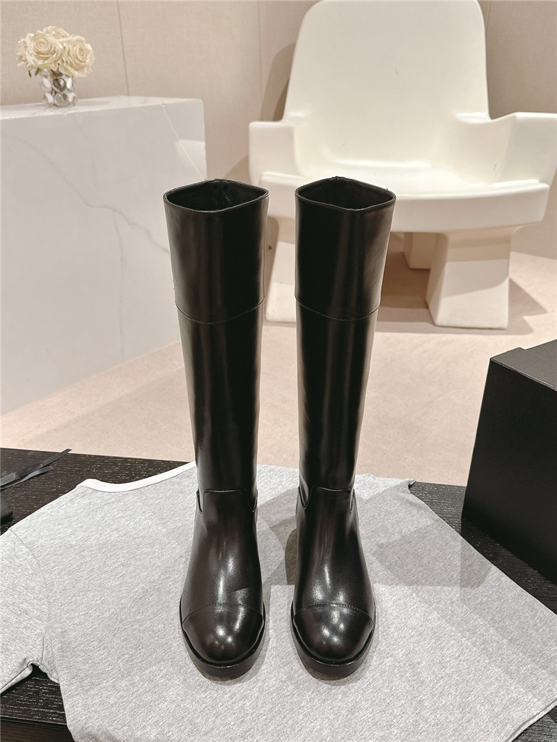 Ch**el black calfskin flat knee high boots