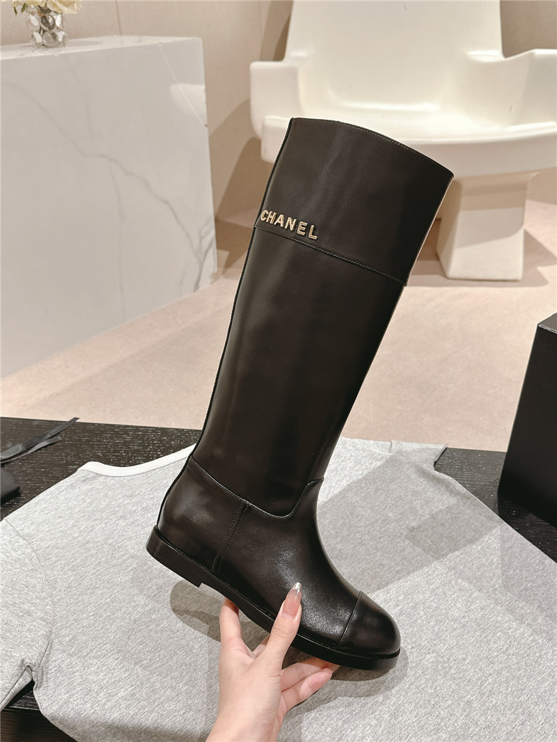 Ch**el black calfskin flat knee high boots