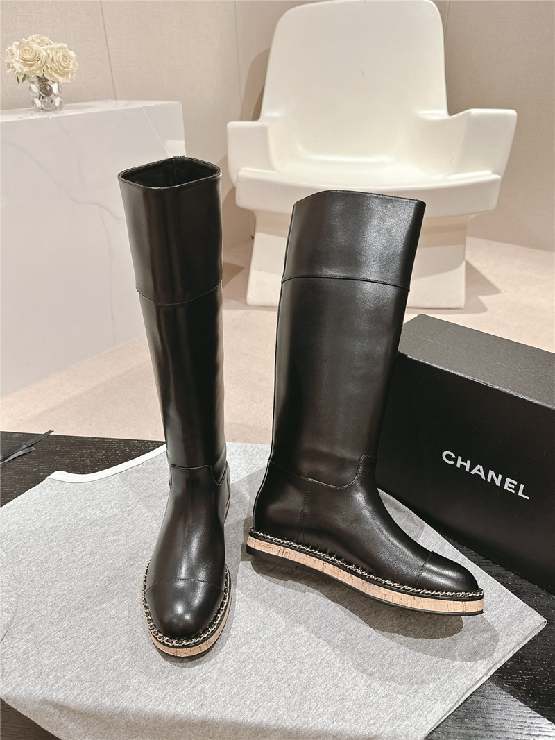 Ch**el calfskin flat knee high boots