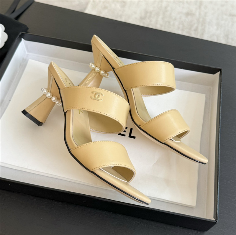 Ch**el pearl heel nude smooth leather mules