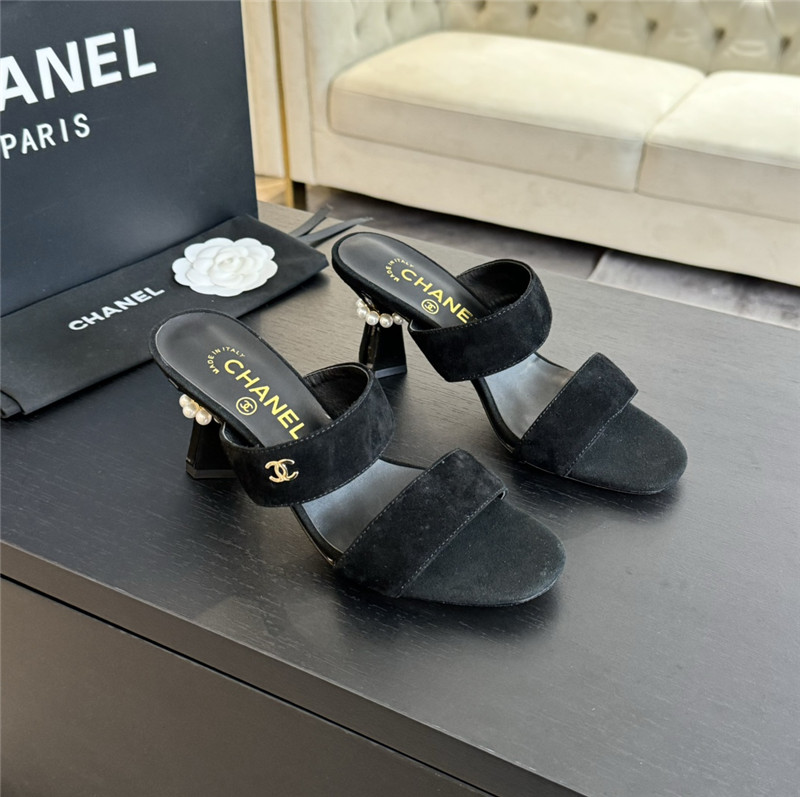 Ch**el pearl heel black suede mules