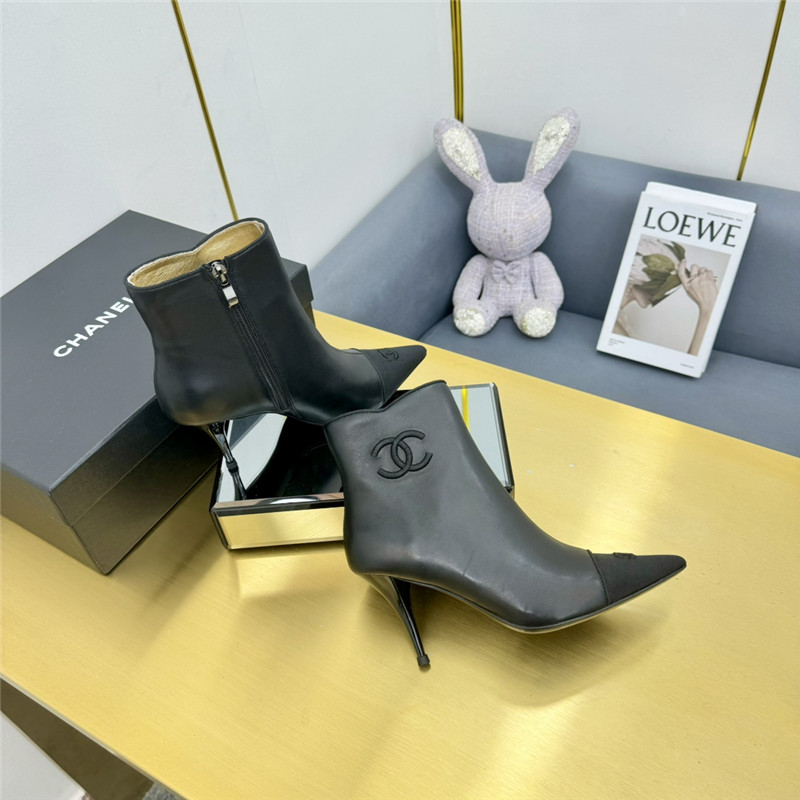 Ch**el calfskin pointed toe heel ankle boots
