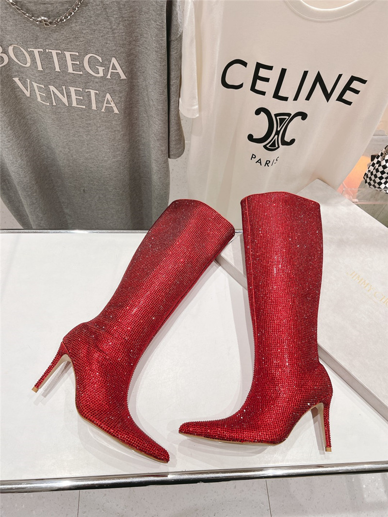 J1m*y Ch00 red rhinestone knee high boots