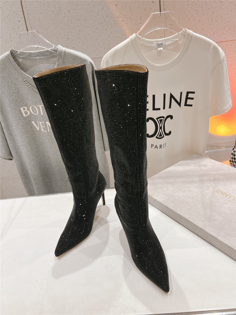 J1m*y Ch00 black rhinestone knee high boots