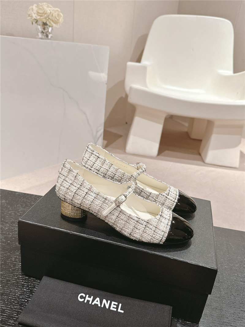 Ch**el natural/black mary janes check tweed & calfskin