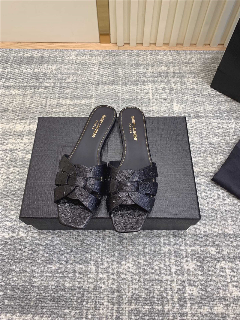Y51 tribute mules in black ostrich leather