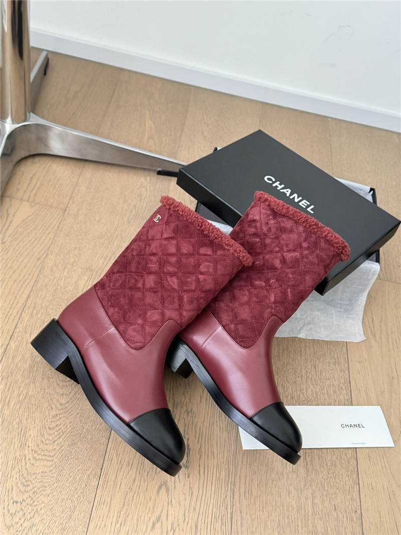 Ch**el burgundy suede calfskin wool boots