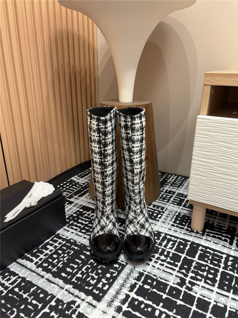 Ch**el tweed black white check high boots
