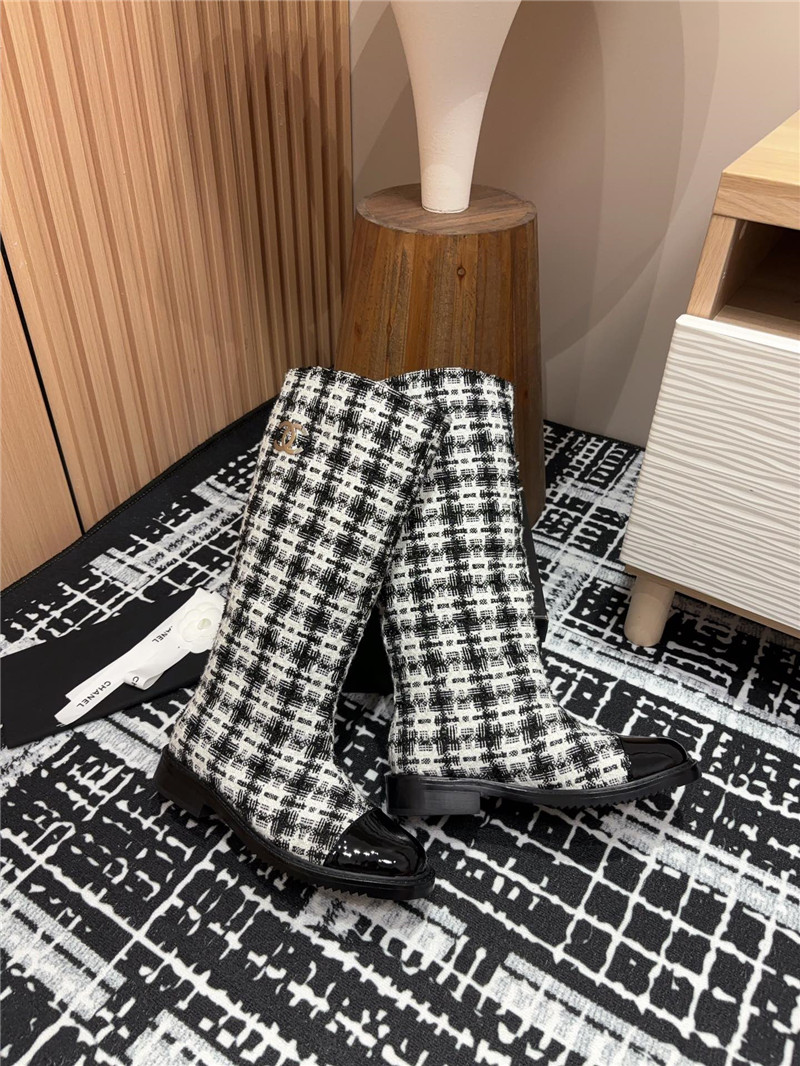 Ch**el tweed black white check high boots