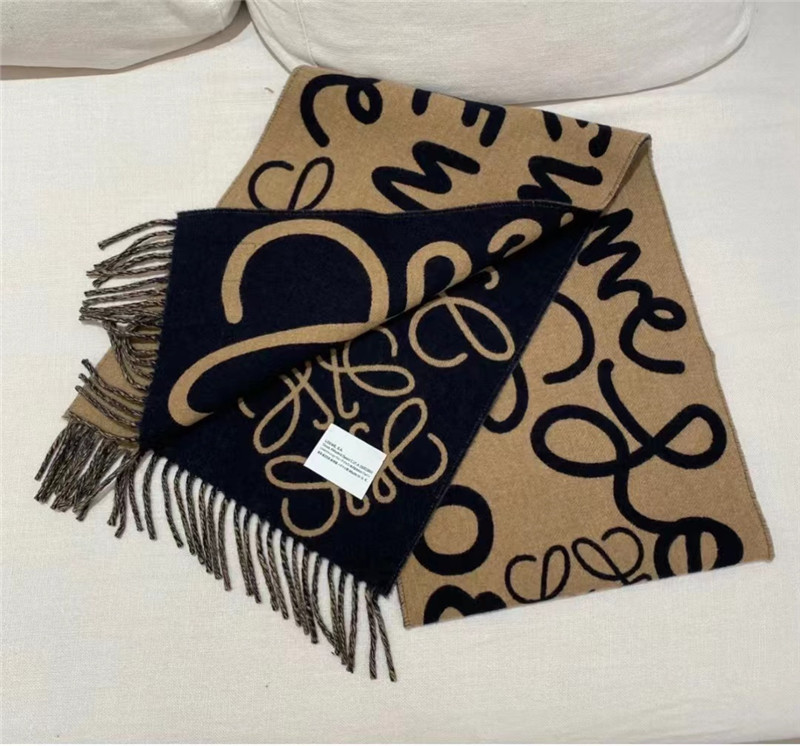 L0ew* beige/dark blue double-sided letter scarf