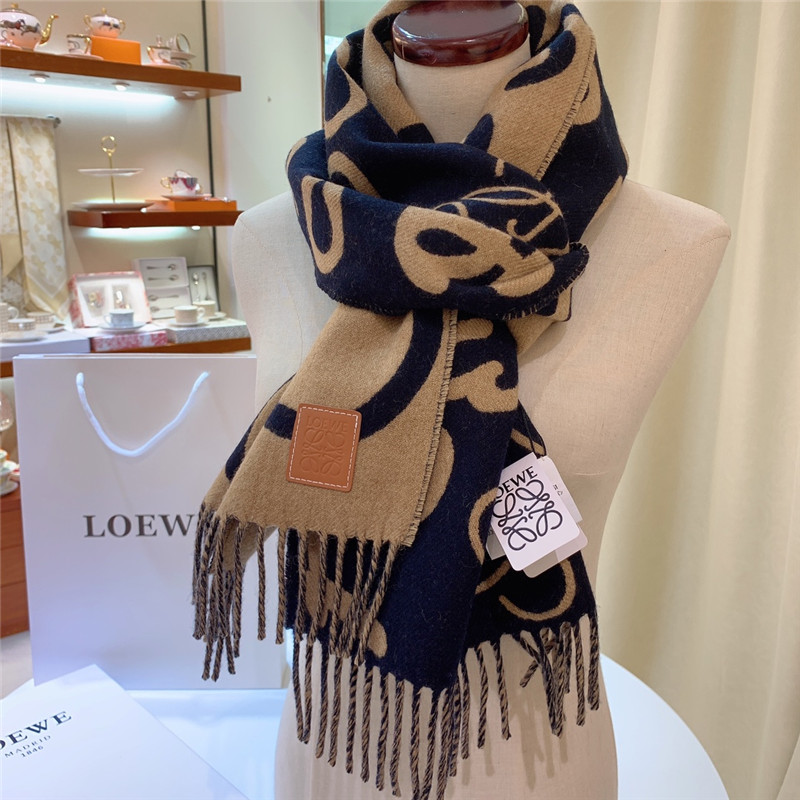 L0ew* beige/dark blue double-sided letter scarf