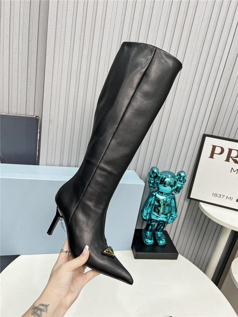 Pra*a black calfskin heel knee high boots