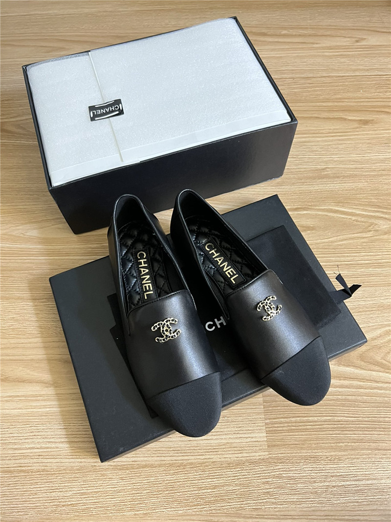 Ch**el cap-toe black satin moccasin loafers