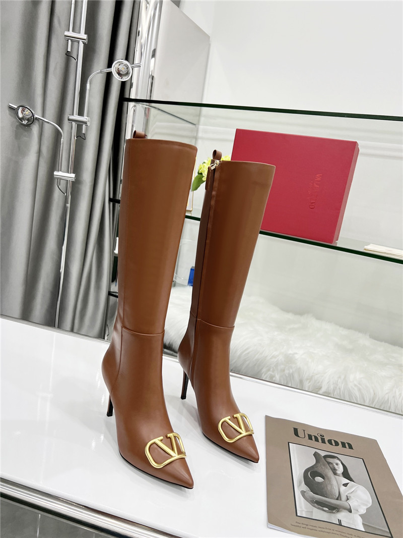 Va1e*ntin0 vlogo heeled brown calfskin knee-high boots