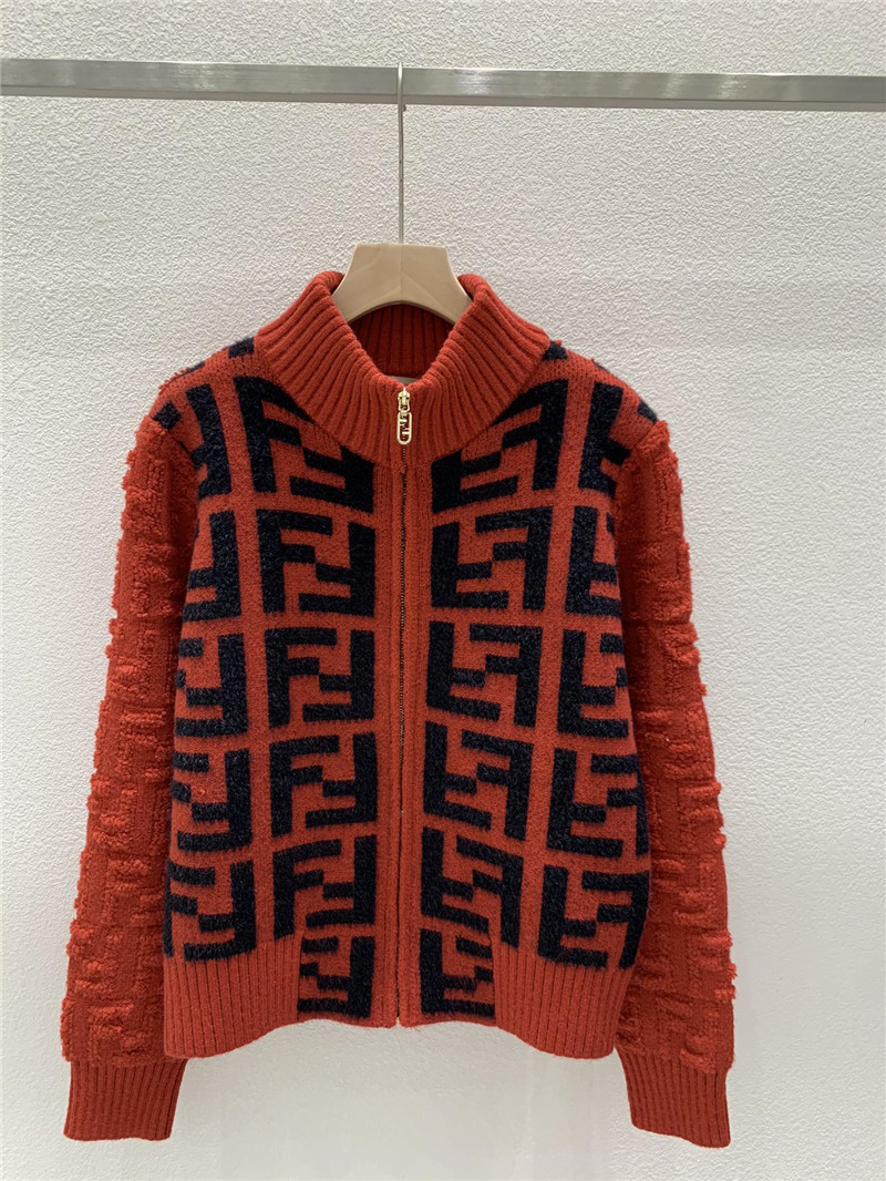 F**di ff jacquard zip-up cardigan orange