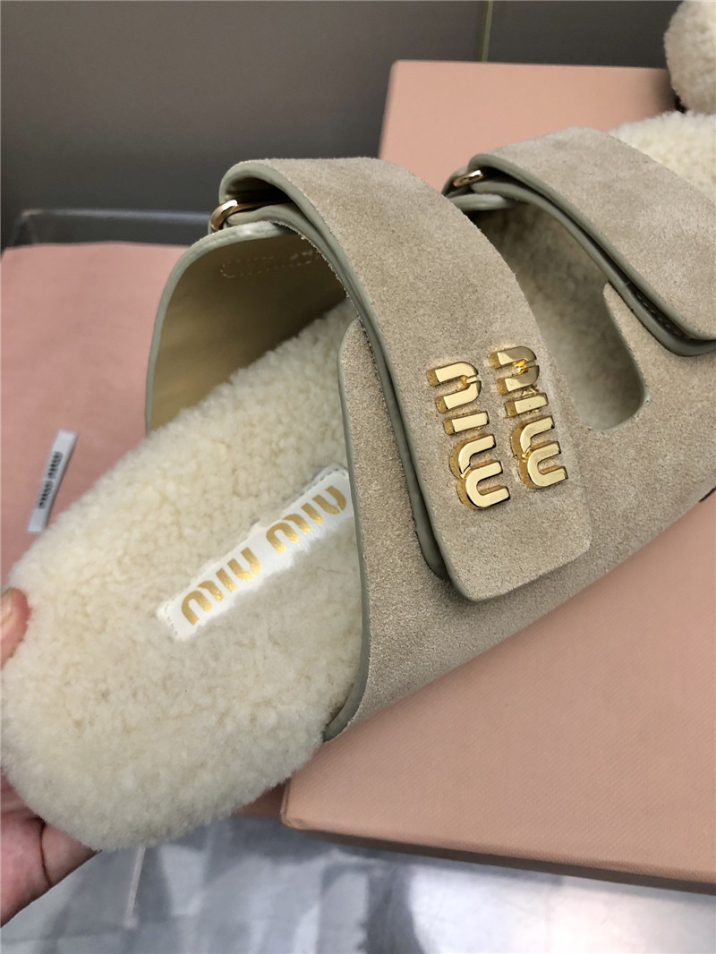 Miu Miu White Suede Shearling Slide Sandals