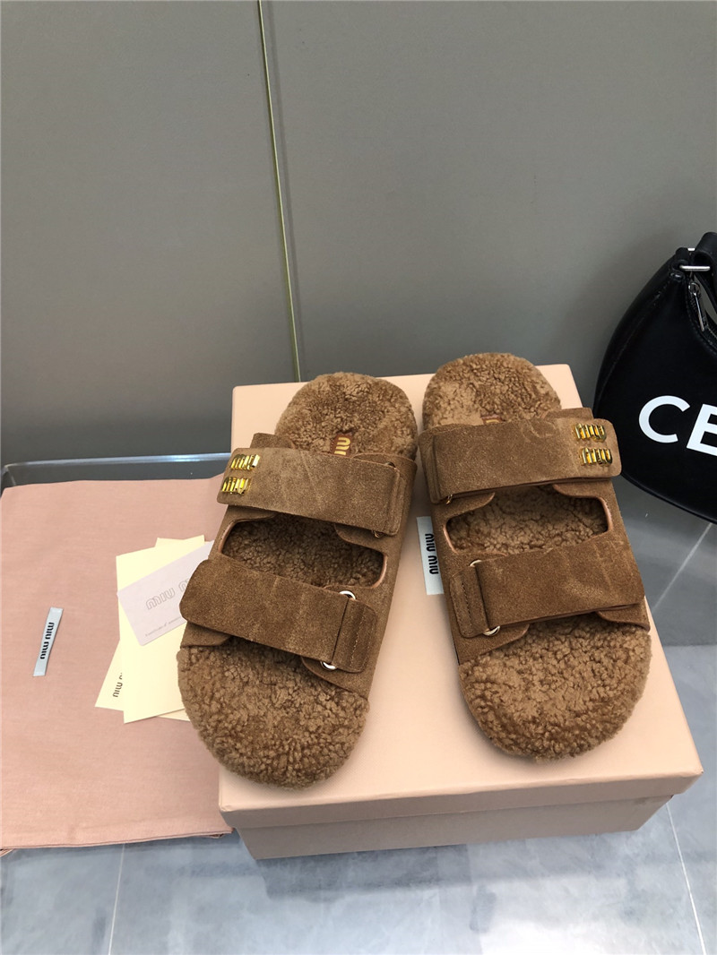 Miu Miu Brown Suede Shearling Slide Sandals